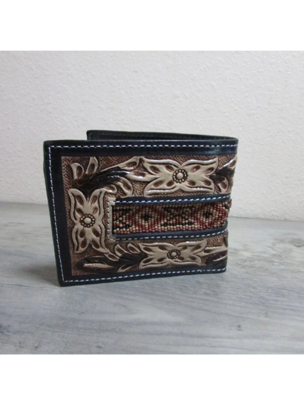 Leather Tooled & Aztec Beaded Men's Bifold Wallet - Burgundy/Tan